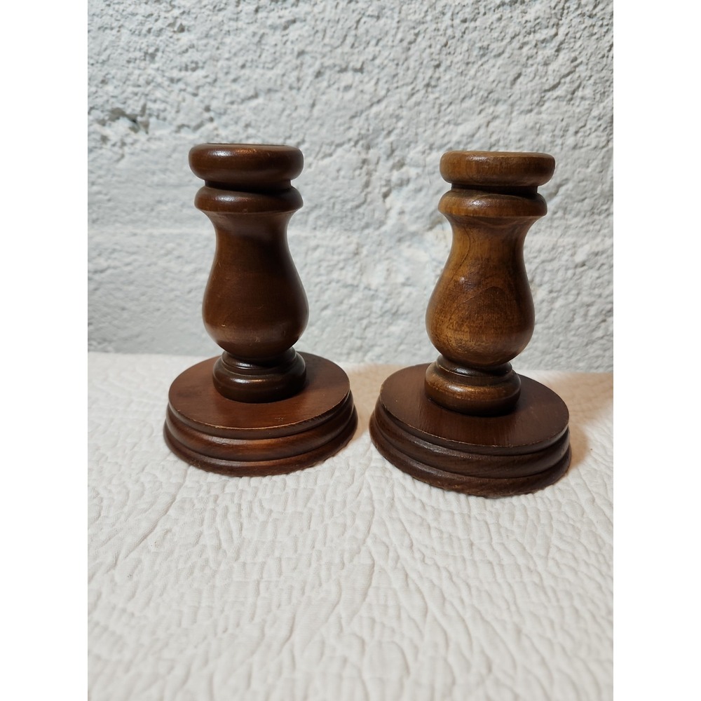 Pair Of 5" Hand Turned Wood Candlestick Holders.